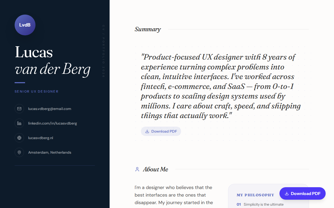 Lucas van der Berg CV website demo - student portfolio site by ProTier SITES